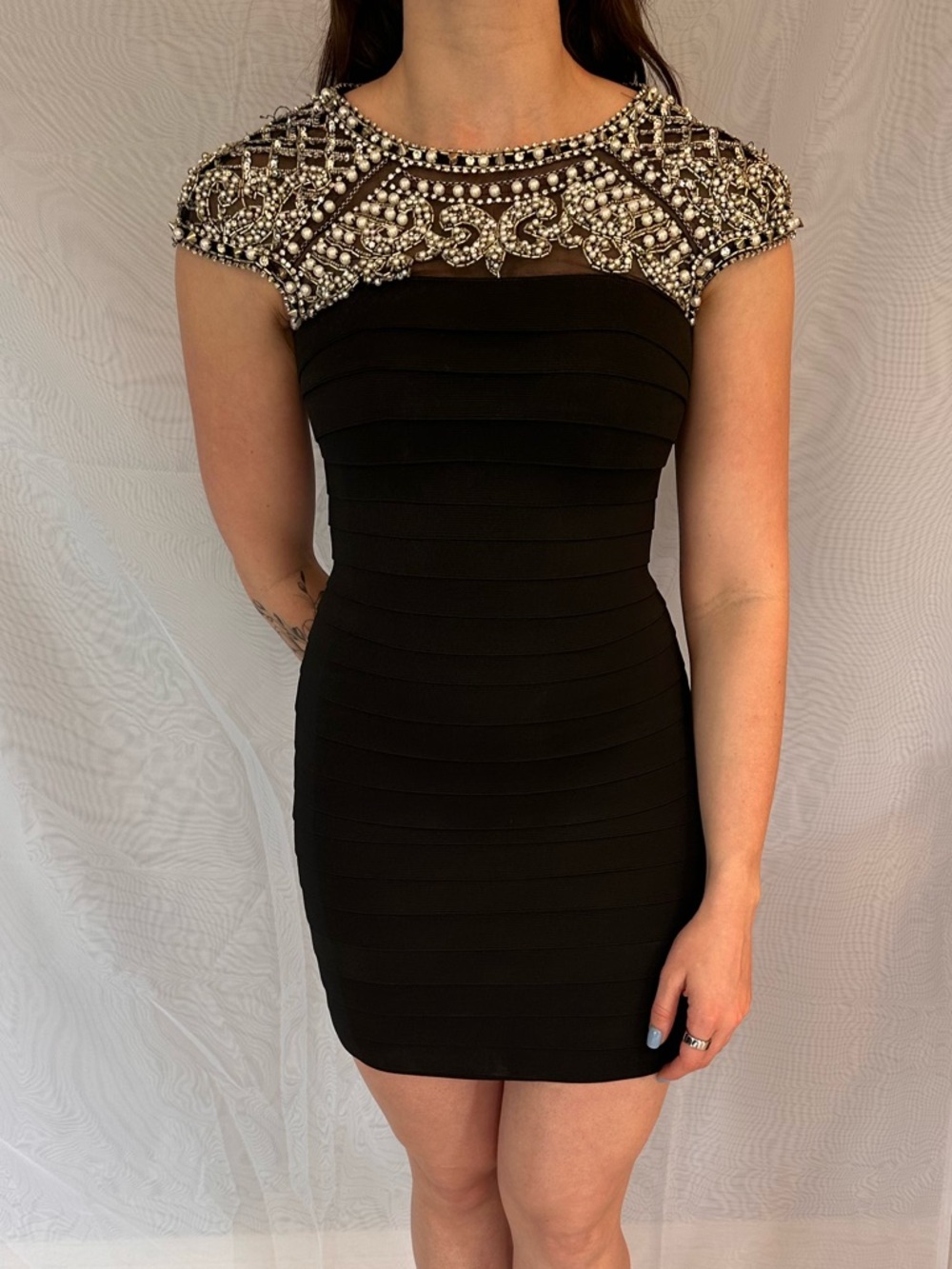 Sherri Hill Black Mini Dress with Crystal-Embellished Cap Sleeves